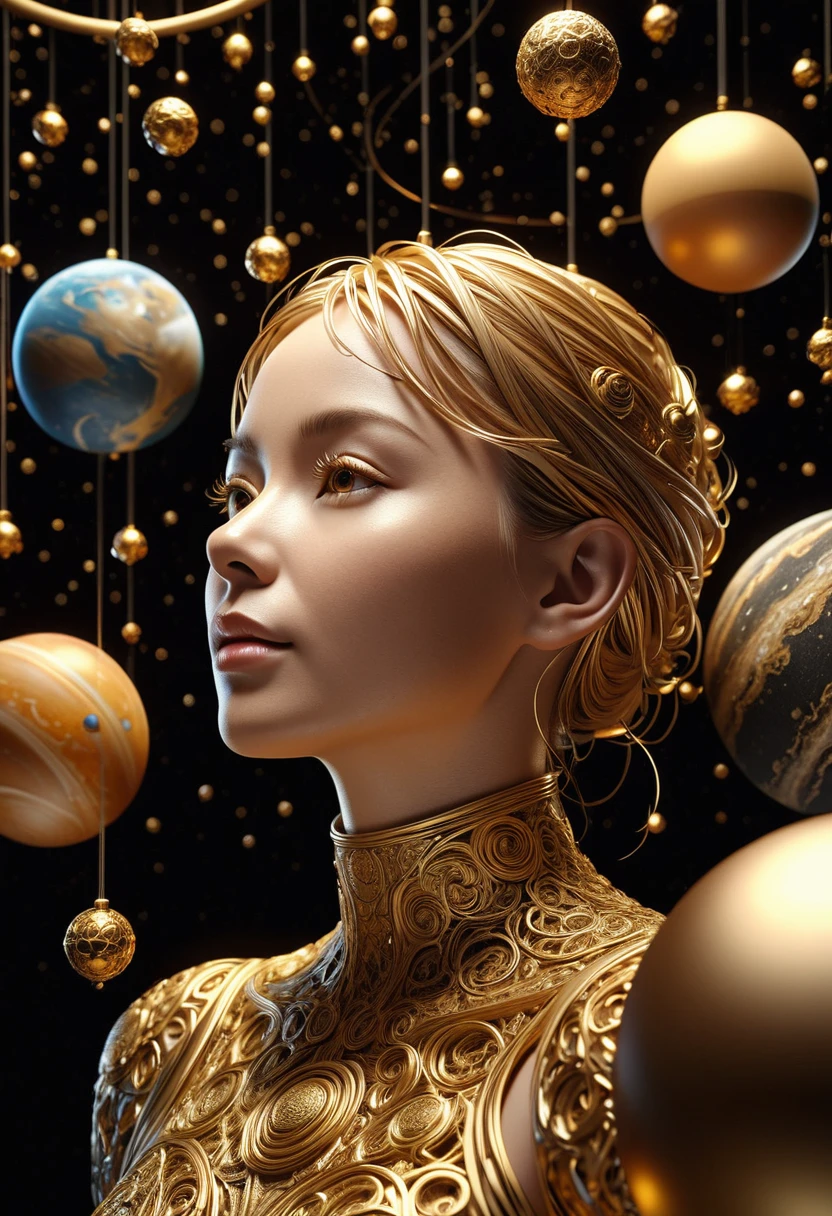 a highly detailed and intricate 3D portrait of a person, golden color, surrounded by many orbiting planets with complex planetary decorations, studio lighting, Dark background，Light，Simple and clean，Light and Shadow，