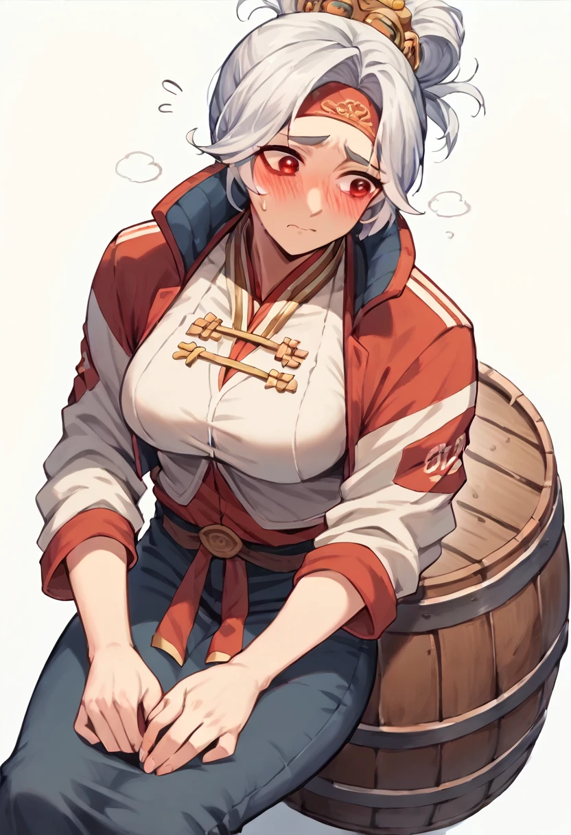 1 girl, adult girl raider, red red eyes, (beautiful female red eyes),.long haircut, (синие hair) , indignant eyebrows, (Medium breasts),(((blush))), (embarrassed),check_9, check_8_up, check_7_up, check_6_up, Anime, (sprint),(((absolutely white background:1.3))), (Wanderer's clothes)), ((Post-Apocalyptic Clothing)), (((sitting on a metal barrel))) , sitting on an iron yoke