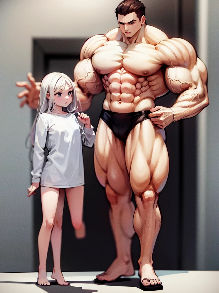 Woman in black bikini and small man in white shirt, weak and small man, thin and small physique, Very beauthful. , ,weak and defenseless man, small physique, , muscular ultraviolent woman, muscular and scary, absurdly huge physique, big muscles, extremely muscular woman, giant woman, extremely giant, thinking about a , stepping on a little boy
