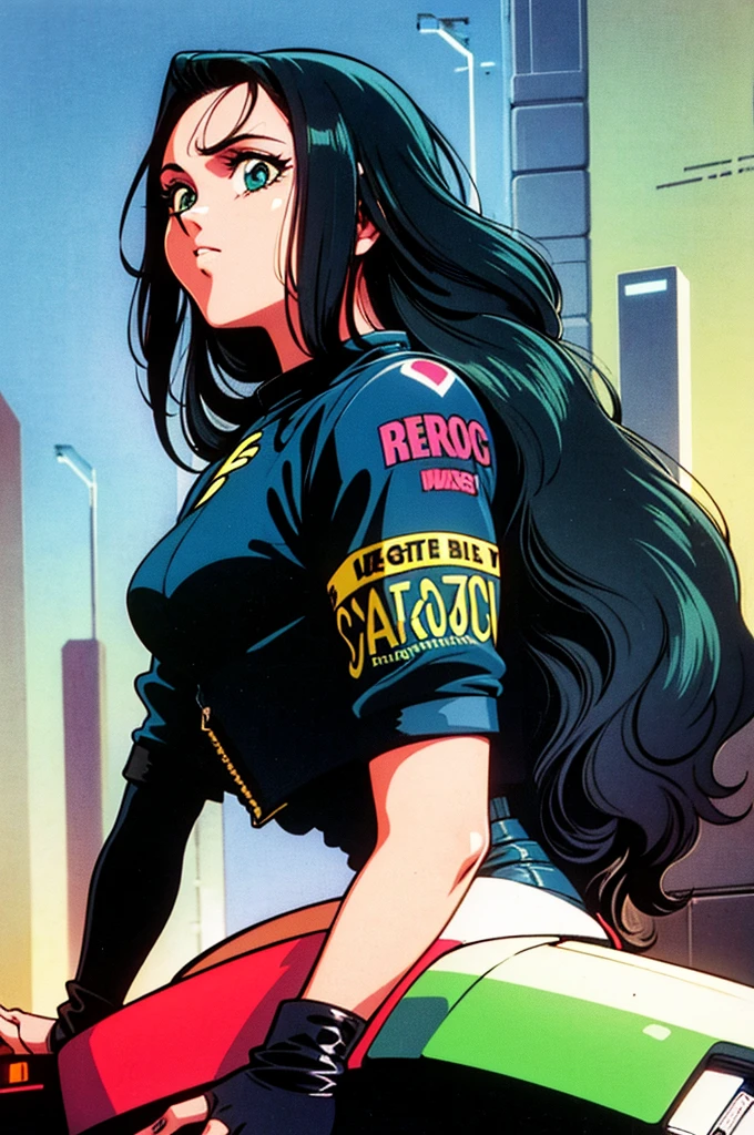1990s (style), 1980s (style), retro artstyle, a girl, long black hair, green eyes, wavy hair, biker clothes, cyberpunk, 2077, sliming best quality, masterpiece.