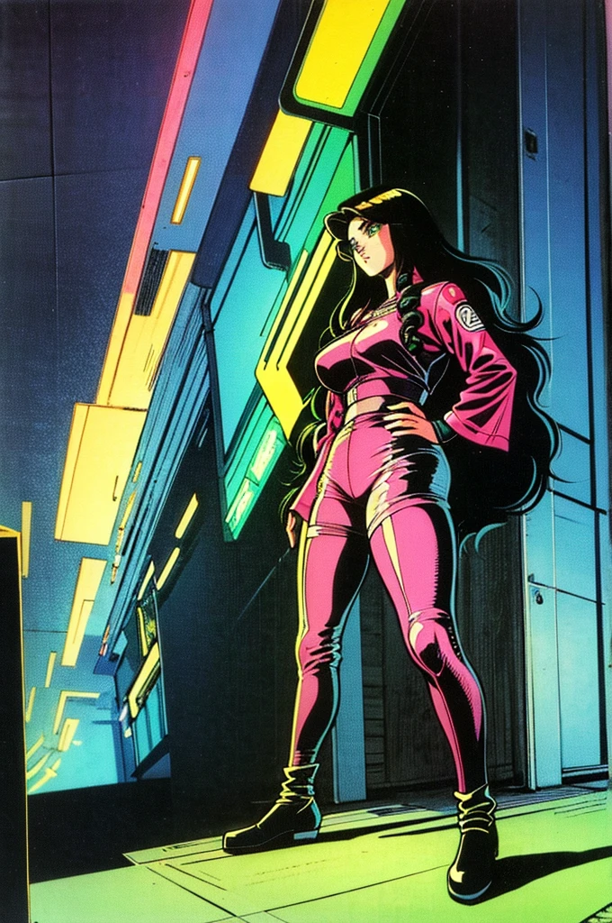 Best quality, 8K, woman space retro futurism, beautiful and detailed face, black straight long hair, bangs,big eyelashes,LOOKING TO observer,TRANSPARENT red LATEX leotard, metalic details, LIGHT pink TAN pantyhose, sheer pink gloves,sci-fi RETRO SPACESHIP scenario