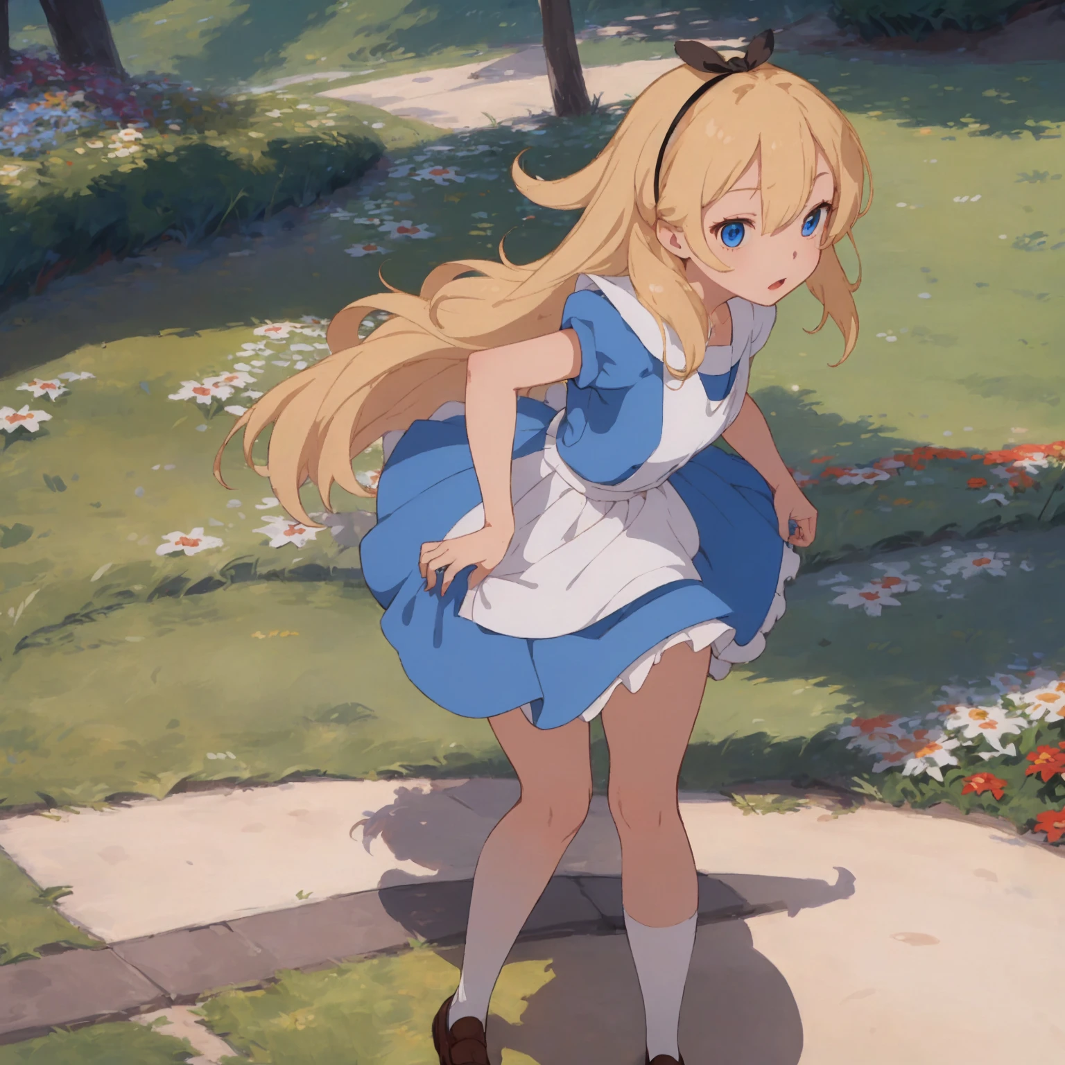 (masterpiece, Highest quality;1.3), Very detailed , One girl, View your viewers, throw, nature, alice liddell,Are standing, Blue mini skirt, long white socksred String, Black hair band, Blonde long hair, Porn, Seductive posture, Crouch down, Accurate anatomy, Cowboy Shot, (I had already finished :1.3) , teeth, Browsing Caution , ((string, String,)):1.3 , Rear View , View your viewers , Present, Expose , Seductive posture, I had already finished, Sexy M-shaped leg pose, Fascinating, Under the skirt, sexy and gorgeous panties