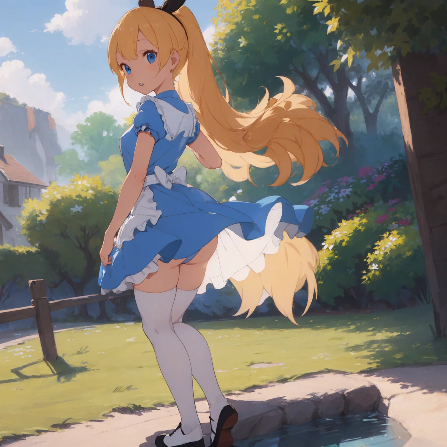 (masterpiece, Highest quality;1.3), Very detailed , One girl, View your viewers, throw, nature, alice liddell,Are standing, Blue mini skirt, long white socksred String, Black hair band, Blonde long hair, Porn, Seductive posture, Crouch down, Accurate anatomy, Cowboy Shot, (I had already finished :1.3) , teeth, Browsing Caution , ((string, String,)):1.3 , Rear View , View your viewers , Present, Expose , Seductive posture, I had already finished, Sexy M-shaped leg pose, Fascinating, Under the skirt, sexy and gorgeous panties