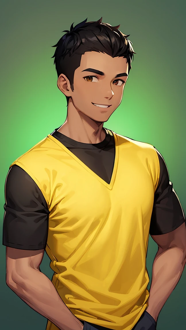 (man1,black skin,round face,brown eyes,black hair,side fade haircut),smile,standing,yellow shirt,pants,green background,hd,highly detailed