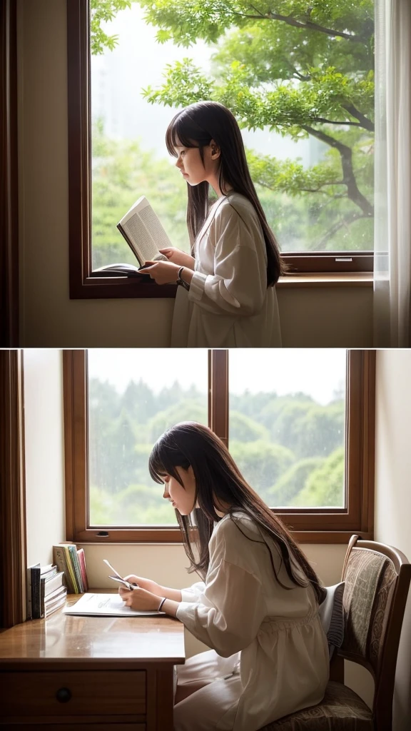 Anime Style, 居心地の良い部屋で木製の机に向かって勉強に集中しているgirlのアニメ風のイラストを生成します。, Beautifully decorated rooms. The room is warm, Soft lighting, Create a peaceful atmosphere. The books are neatly arranged on the shelf next to the desk., Displaying a variety of colors and sizes. small, Directly opposite her desk is an elegant window sill., Outside is a picturesque view of summer rain.. Raindrops gently hit the window, Slightly distorts the view, The background is lush greenery and blooming flowers.々I can see, Emphasise the tranquility of the scene. girl, long, With flowing hair、Comfortable, stylish clothing for studying, He seems engrossed in a book, There was a hint of concentration and determination on her face.. The overall atmosphere is、It should convey a sense of calm and appreciation for the natural beauty that is right outside your window.。.