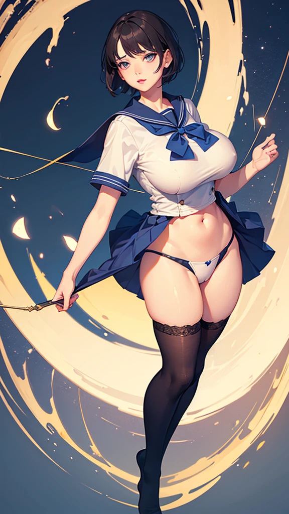 1girl,realistic,short hair,gigantic breast, uniform,sailor suit,skirt,extremely detailed eyes and face,longeyelashes,beautiful detailed lips,masterpiece,full body,blue only background