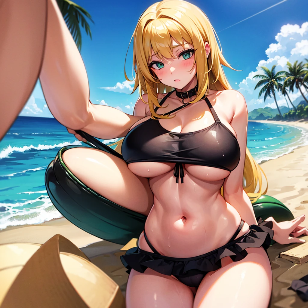 A girl, blondie hair, greeneyes, shame, big boobies, beachfront, black swimsuit, sexly.
