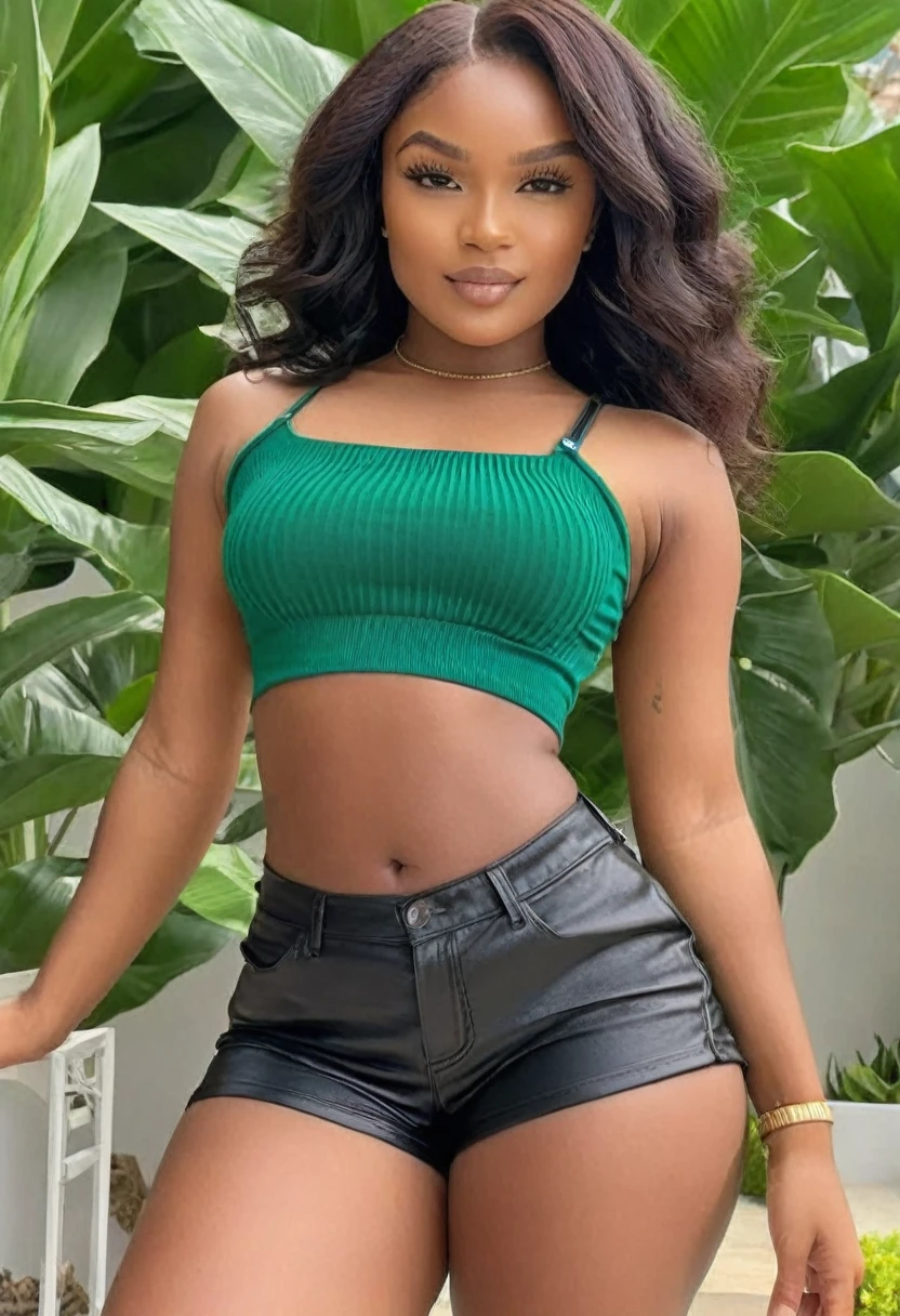 ((high quality:1.2)), (8k), extremely detailed, ((High detail:1.2)), ((best resolution:1.4)), Solo, 24 year old Angolan female, (crop top, mini-shorts),