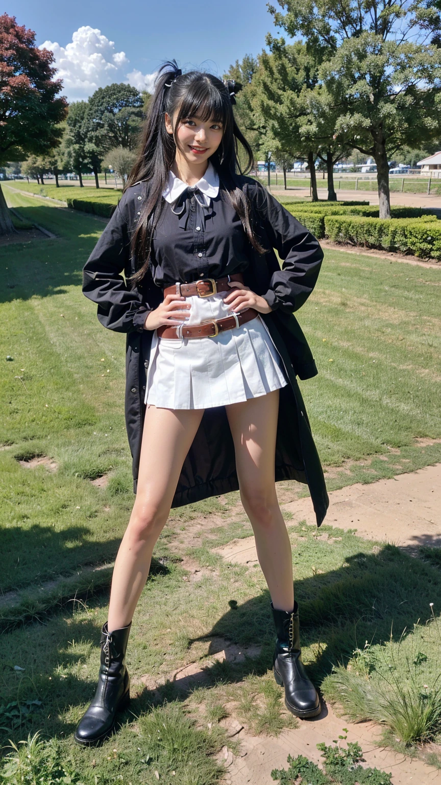 (8K、RAW Photos、Highest quality、masterpiece:1.2)、(Realistic、Realistic)、1 Girl、((mini skirt、Straight Hair、black、Thin legs、whole body、boots、blackいコート、one piece、garden、smile、View from the front、Ribbon on chest、Looking into the camera、belt、Stand with hands on hips))、
