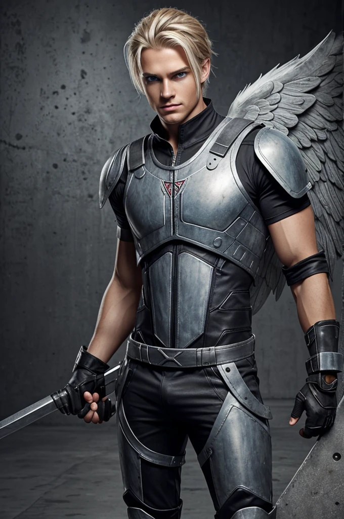 realistic style design: let your full body be seen angel man, he is young with a square jaw, blond hair, blue eyes, arched eyebrows, googly eyes for face, tanned skin clothing: Sleeveless gray battle suit on the forehead, wears a band with runes, pantoles, and gray leather clothing attached to the body.