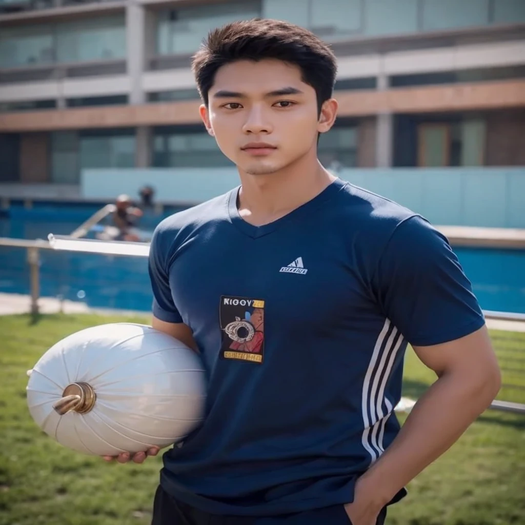 Southeast Asian men with round faces, black eyes, staring at the viewer, morning sun, ((face details)), Double eyelids, realistic, Masterpiece, Highest quality, lens flare, shade, [[Chromatic aberration, digital painting, 8K, 45,000,000,000 pixels,, t-shirt,black eyes,abdominal muscles, The body is beautiful and strong., (digital painting, HDR, high contrast