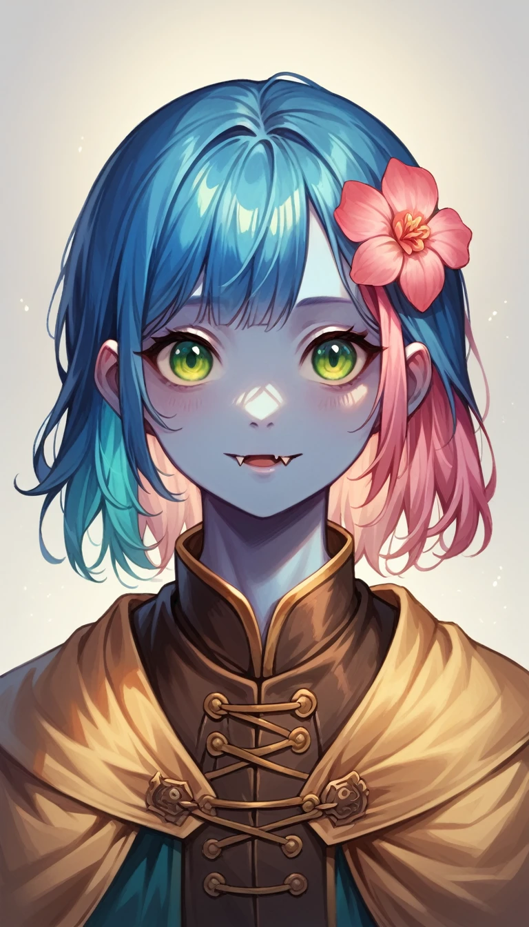  thoughtful look, cute, detailed facial features, detailed face, medium hair, multicolored hair, pink hair color, blue hair color, tail, hair flower, bangs, fang, High quality, masterpiece, contrast light, color, Front view, facing forward, stands with his legs crossed, blue skin color, green eyes, delicate body, medieval poor man's clothing, small lower fangs