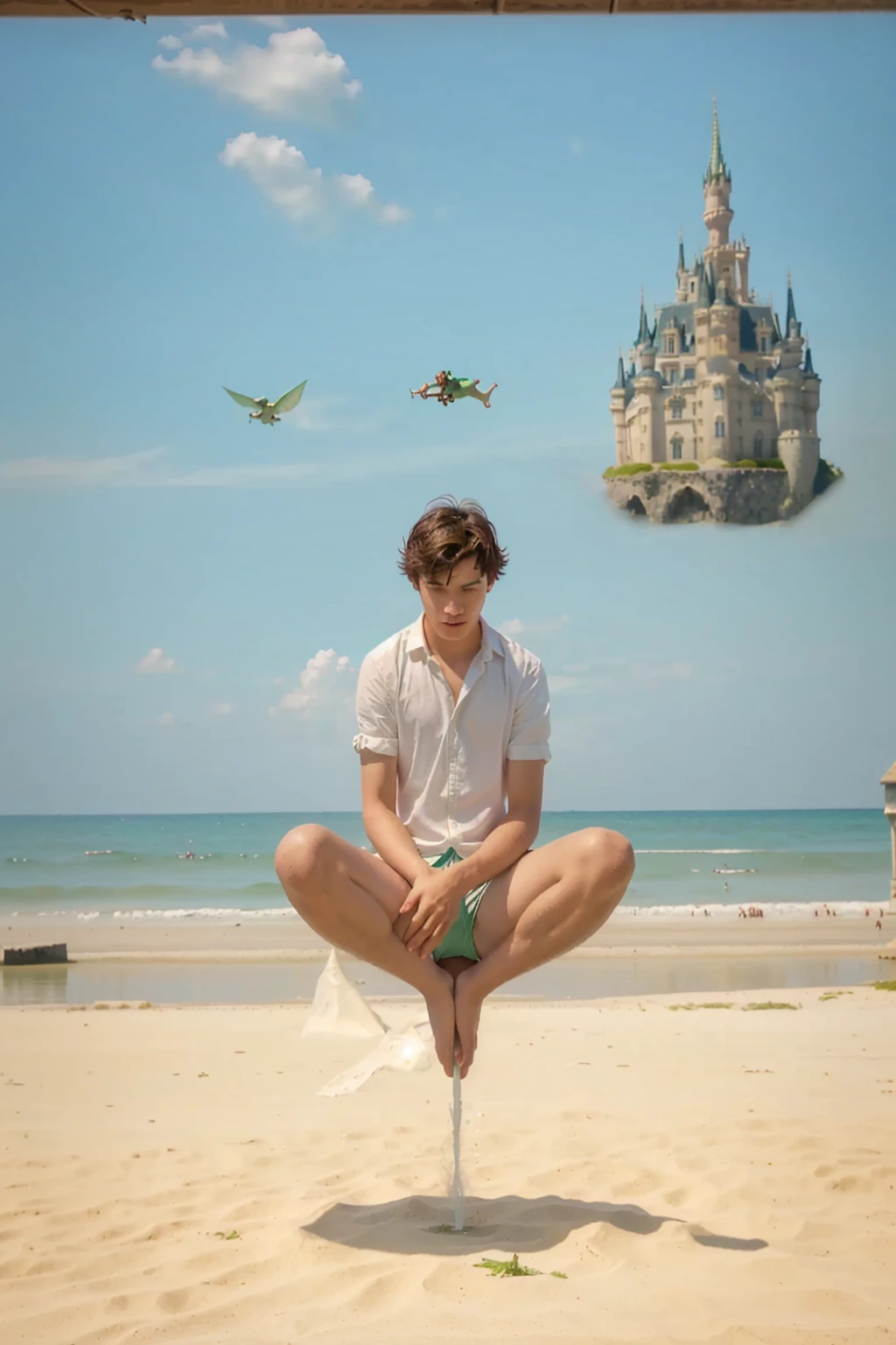 There is a boy sitting on the beach with a castle in the background, castles floating in the air, levitando above the ground, aquatic green monster and red monster
