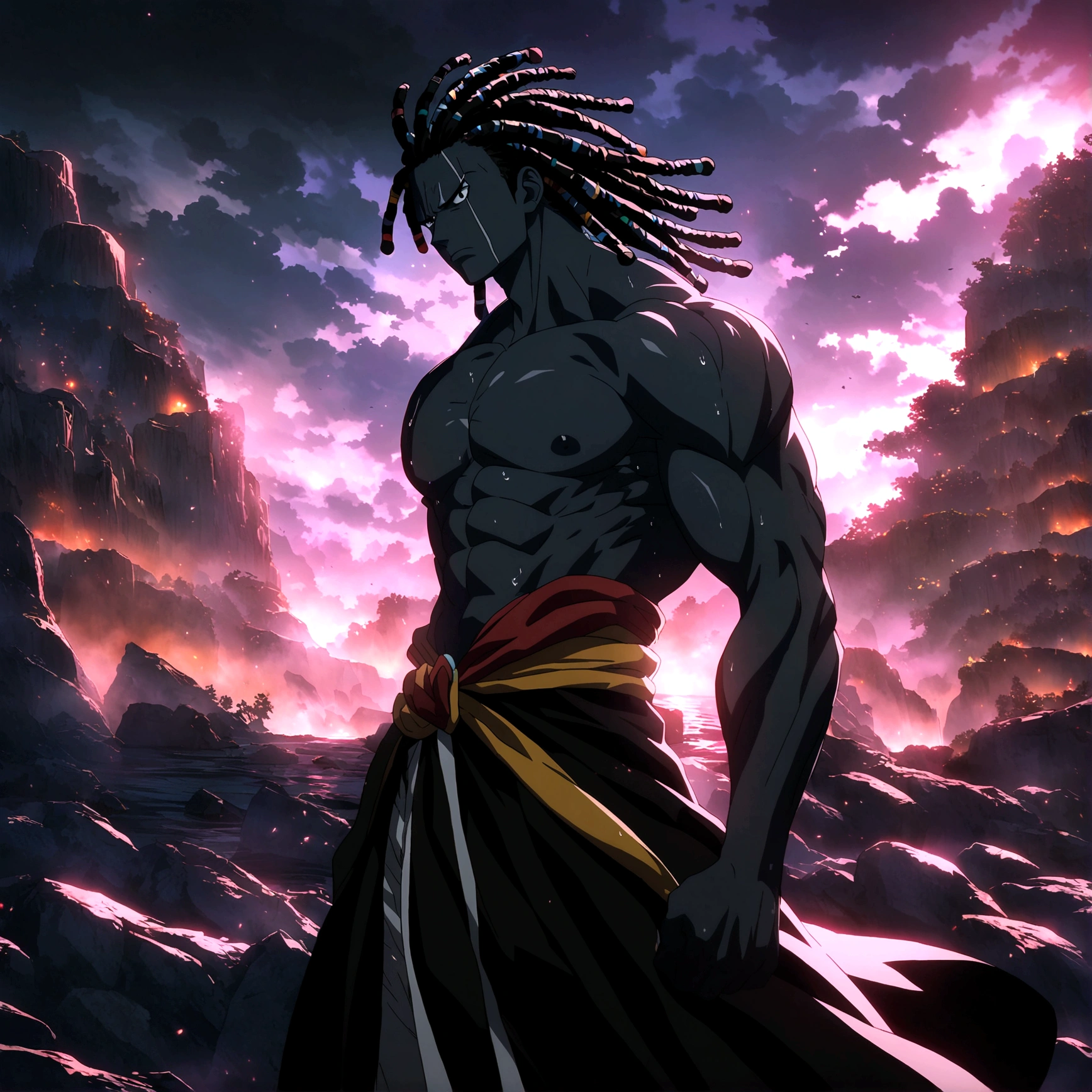 A black samurai with a blind fold with scars on his body and he is shirtless skinny but defined muscles he has dreads that are puffy but skinny