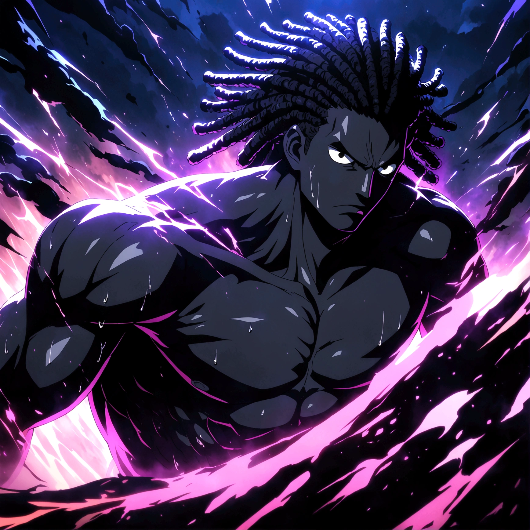 Male, black skin, muscular and defined body, colorful dreadlocks, black eyes, black overcoat, serious villainous expression, "One Piece-inspired anime features, drenched in dramatic and incredible lighting, dramatic lighting, infused with creative details, ultra-fine 2D design, scenery bathed in creativity, bathed in creativity, boasting HD anime resolution clarity, HD anime graphics, high-octane rendering"