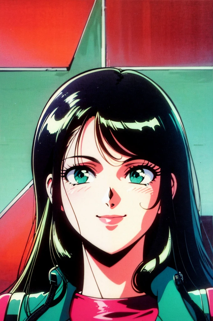 1990s (style), 1980s (style), retro artstyle, a girl, long black hair, green eyes, wavy hair, biker clothes, cyberpunk, 2077, sliming best quality, portrait shot, smiling
