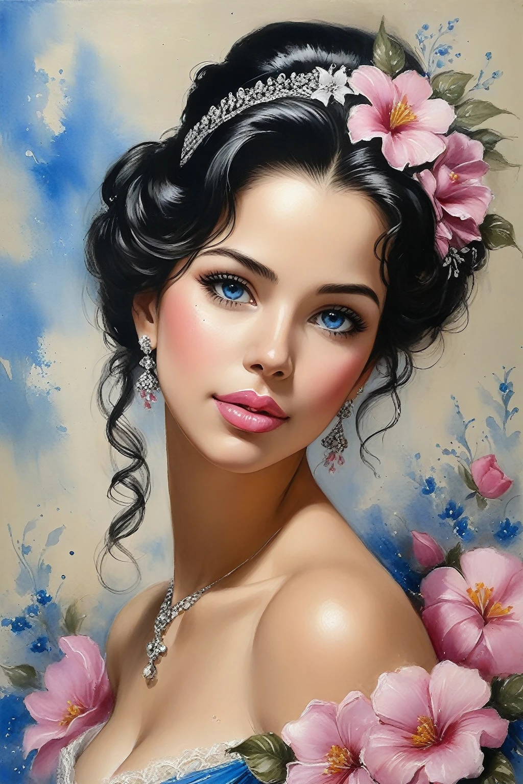 Victorian Ukrainian Women of the 19th century, very detailed Black hair, Pink lips, very detailed skin, Nice feature, Wadim Kashin, james gurney, ink, Splash Art, Amazing beauty , Royo, after sexing, Super detailed splash art modern European oil ink painting, Mid Gorgeous Breasts, Gorgeous Body, oil painting, very detailed Bright Diamond Blue eyes, Blush, Greg Rutowski, no extra head:1.4.