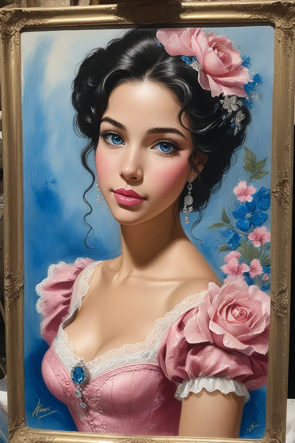 Victorian Ukrainian Women of the 19th century, very detailed Black hair, Pink lips, very detailed skin, Nice feature, Wadim Kashin, james gurney, ink, Splash Art, Amazing beauty , Royo, after sexing, Super detailed splash art modern European oil ink painting, Mid Gorgeous Breasts, Gorgeous Body, oil painting, very detailed Bright Diamond Blue eyes, Blush, Greg Rutowski, no extra head:1.4.