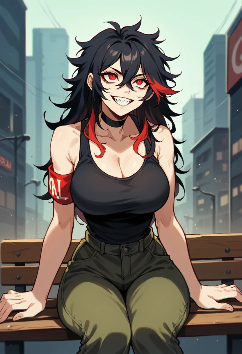 NSFW,Highest quality, Intricate details, chromatic aberration, One girl, Long Hair, Black Hair, Messy Hair, Red highlights, Hair on one eye, Red eyes, Sharp eyes, choker,Teeth bare,Black tank top,Army Pants,Big Breasts, Armband, Full Art,Character portrait,Wicked Smile,Shoulder the rifle,Urban area,lure,Looking up,bench,sit,Hands on shirt