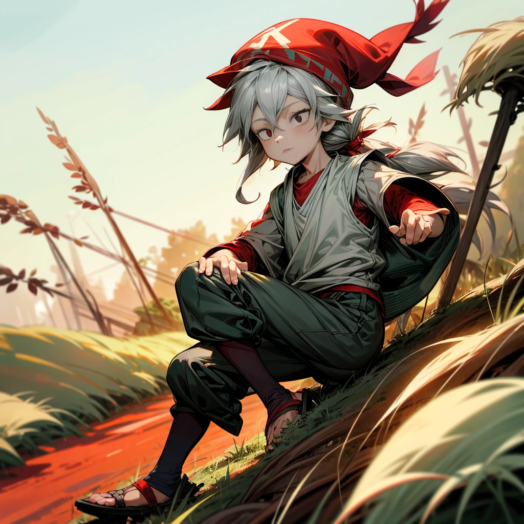 1**********, Full body version, 1character, black eyes color, milk skin, long hairstyle, monolod eyes type, silver colour hair, Farmer villager clothing style, red color clothing, black pants, white scraf, Ancient roman sandals, vest, green Beanie, Grassroots background in field villager, motion blur 