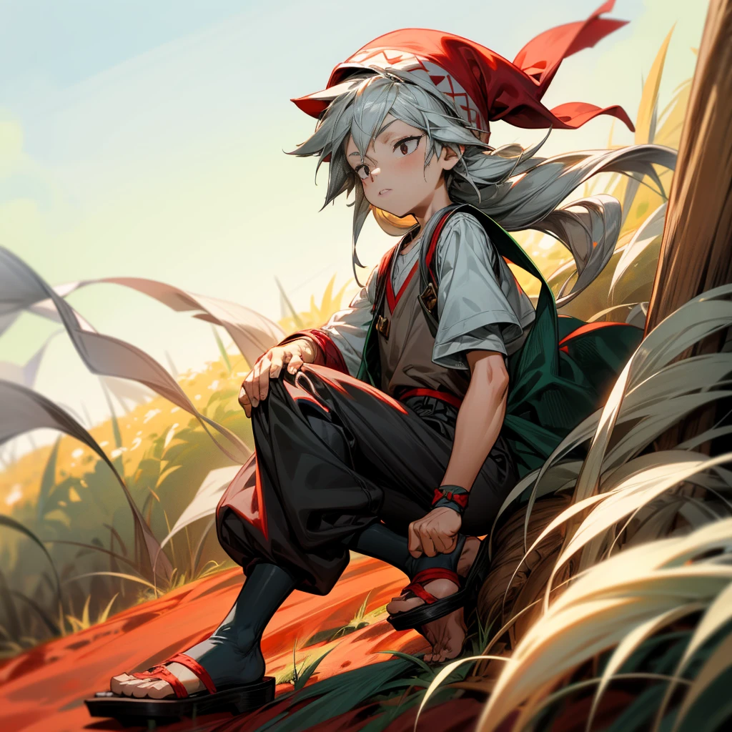1little boy, Full body version, 1character, black eyes color, milk skin, long hairstyle, monolod eyes type, silver colour hair, Farmer villager clothing style, red color clothing, black pants, white scraf, Ancient roman sandals, vest, green Beanie, Grassroots background in field villager, motion blur