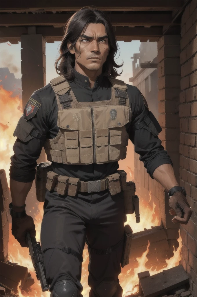 young woman, mexican, BROWN SKIN, Brown eyes, long black hair, wears a full military uniform, bulletproof vest, equipment and rifle, walk through the ruins of what was once a building, there is a lot of fire, walk through the flames, has an angry expression on his face. There is a much taller man next to her., He has a black balaclava with a skull print, He also wears a black military suit., bulletproof vest y tiene un arma en su mano