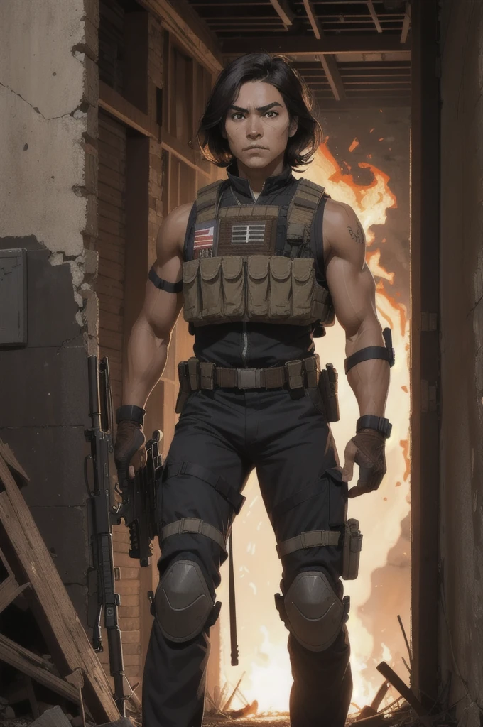 young woman, mexican, BROWN SKIN, Brown eyes, long black hair, wears a full military uniform, bulletproof vest, equipment and rifle, walk through the ruins of what was once a building, there is a lot of fire, walk through the flames, has an angry expression on his face. There is a much taller man next to her., He has a black balaclava with a skull print, He also wears a black military suit., bulletproof vest y tiene un arma en su mano