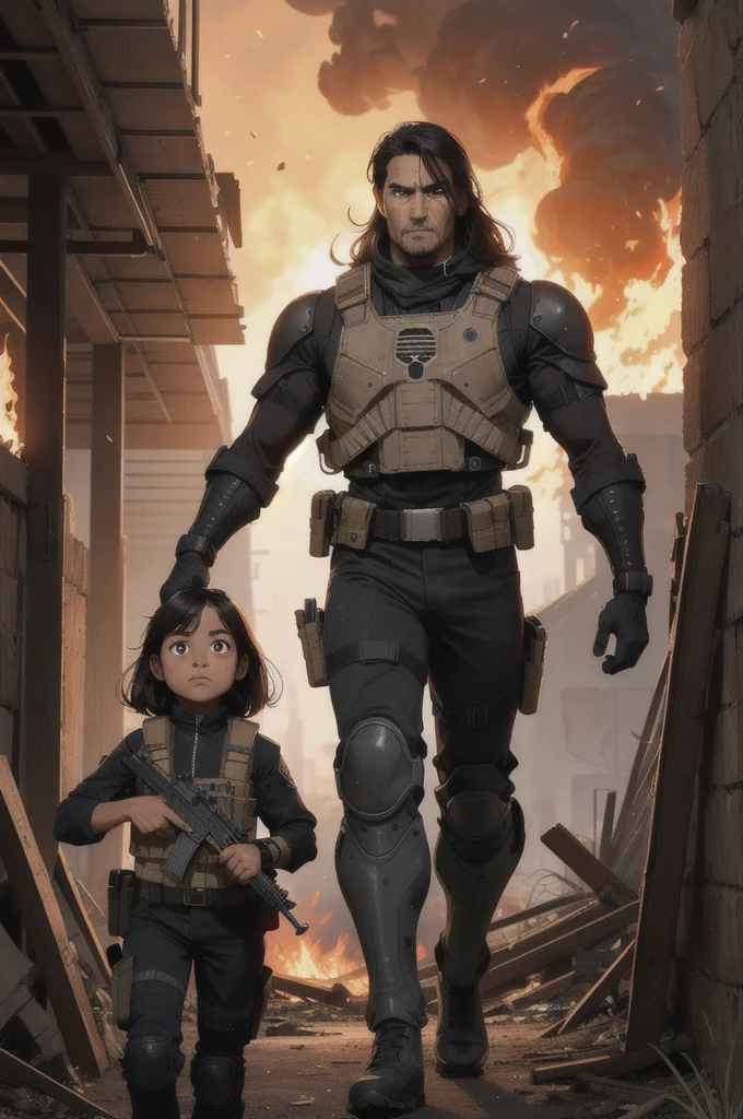 young woman, mexican, BROWN SKIN, Brown eyes, long black hair, wears a full military uniform, bulletproof vest, equipment and rifle, walk through the ruins of what was once a building, there is a lot of fire, walk through the flames, has an angry expression on his face. There is a much taller man next to her., He has a black balaclava with a skull print, He also wears a black military suit., bulletproof vest y tiene un arma en su mano