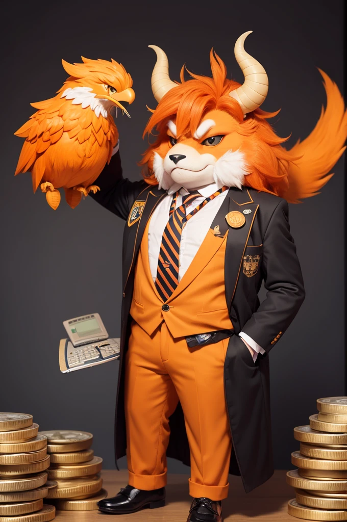 create a mascot with a serious Griffin animal in a tie and suit that is holding a calculator and pen with half-orange hair and full-length horns. and below your feet coins and dollar signs.