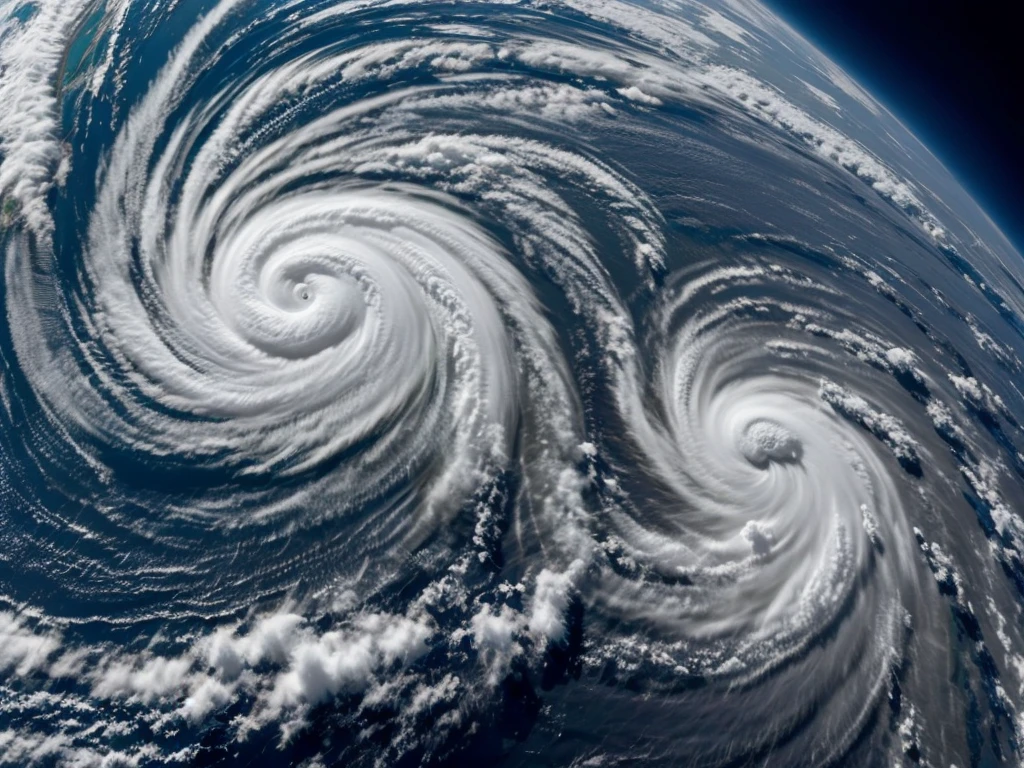 Image of a hurricane with the body of a super strong man walking over Haiti and Jamaica 