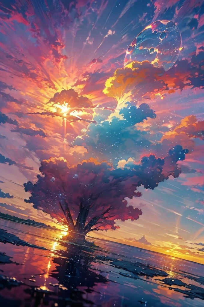 bubbly scenery, colorful anime movie background, floating bubbles, escaping air bubbles, anime background art, beautiful anime scene, beautiful anime scenery, anime background, bubbly underwater scenery, bubbles in the air, sunset, high detailed, hyper detailed, super detailed
