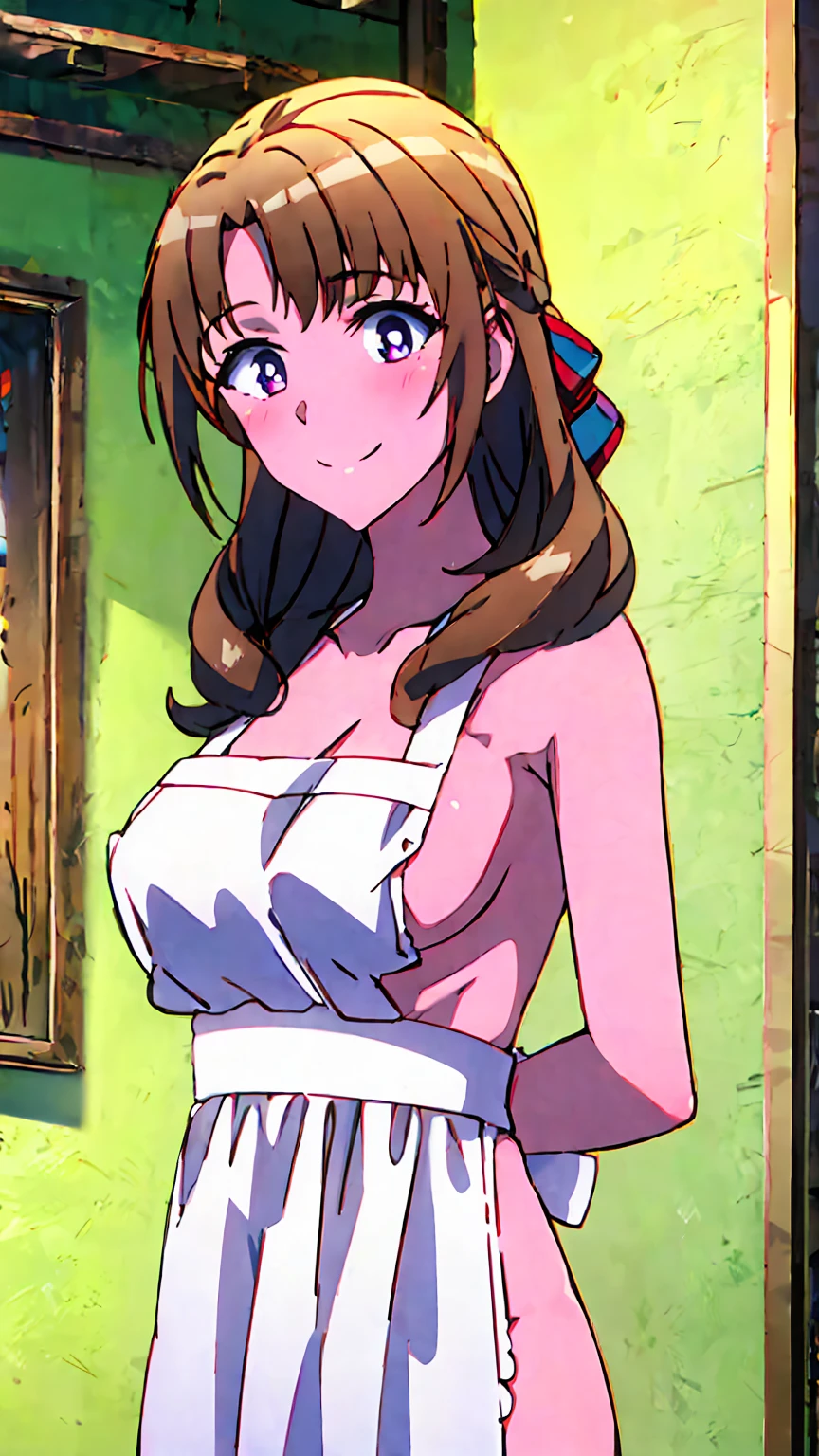 masterpiece, (best quality), 8k uhd, girl, (mamako oosuki), (naked),brown hair, long hair, (hair down), purple eyes, mature female, white shirt, pants, sweater, big breasts, ribbon, sexy woman, smile, (suspender naked apron), apron only,embarrassed, blush, bare shoulders, vibrant colors , natural lighting, beautiful, (detailed face:1.2), showcase, (perfect eyes:1.1) , (photorealistic:1.1), looking at viewer, outdoors