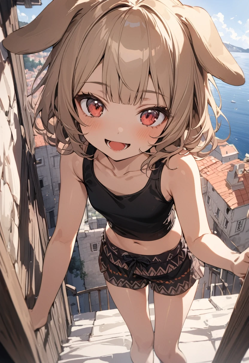 ((Masterpiece)), ((best quality)), (Anime:1.3), (super detail:1.2),(High Definition:1.3), (Professional Photography:1.2), (wide shot), (sunset), messy medium hair, (wearing tribal loincloth only), tribal thin necklace, (slightly exposed naked small breast), erect nipples, (Healthy body), Beautiful collarbone, pale brown hair, cute teenage girl, (shy and very blush), lower eyelashes, (loose blunt bangs), red mesh hair, Slender body, glossy skin, open mouth, ((Beautiful brown eyes)), Textured skin, (Cat ears), Cute Beautiful Girl, BREAK, ((best quality)), ((pointing forward with hand)), (on the collapsed city of the apocalypse), vapor trail on the sky, (sharp focus), (perfect light),