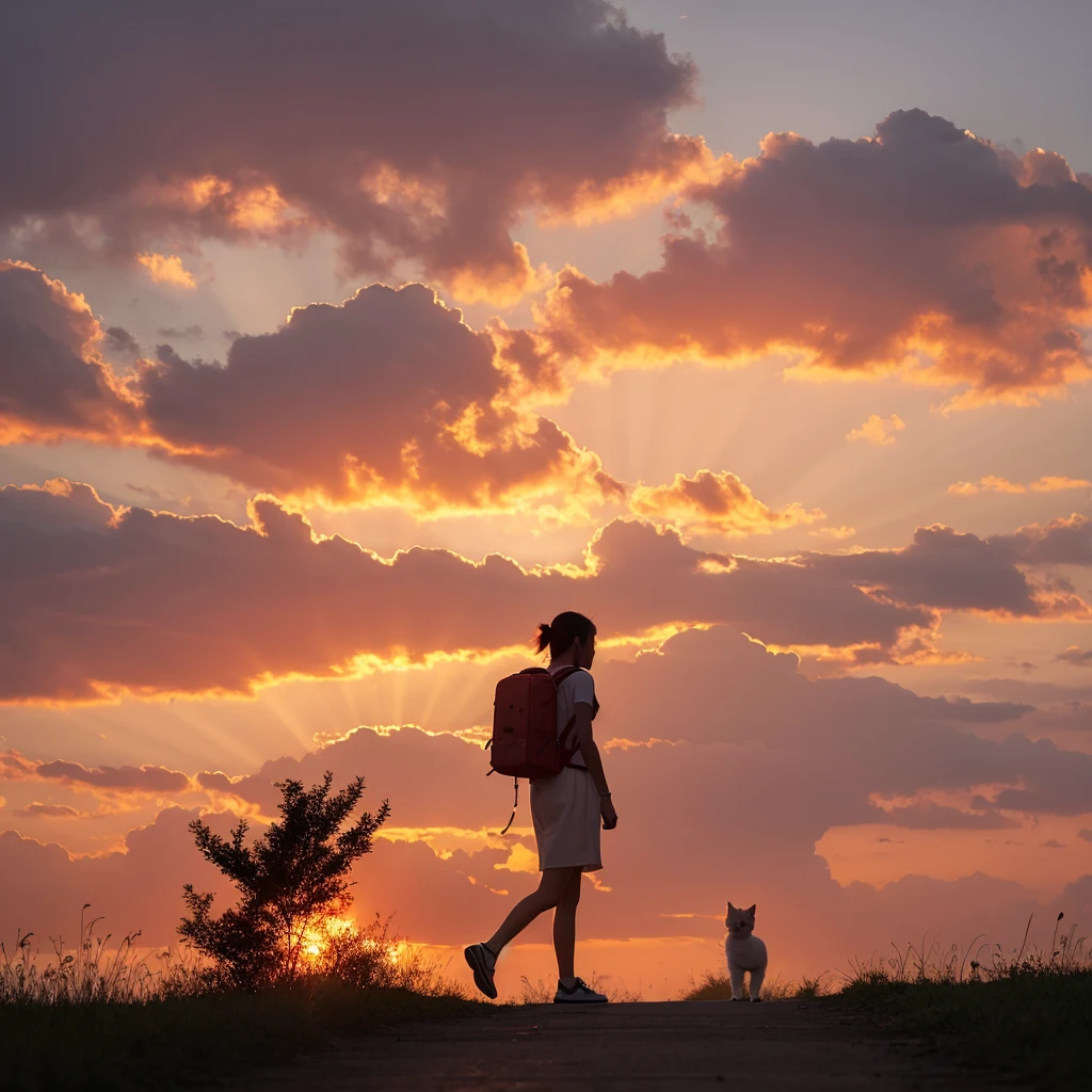 Red sunset sky。A cute white kitten is walking with a backpack