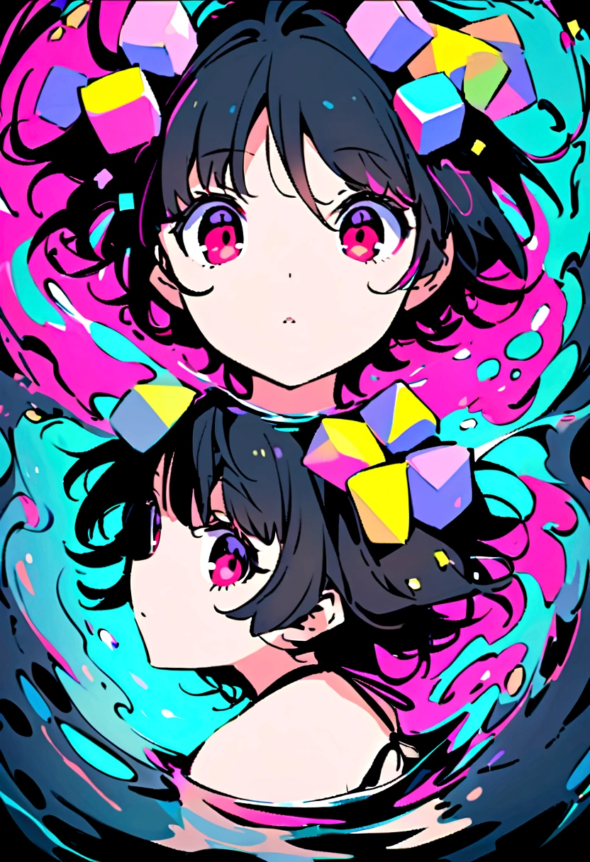 an anime girl with red eyes, long black hair with pink strands with small hair bow with small blue and yellow cubes decoration on the bow, on the right side of the head. She wears a black bikini, in the river 