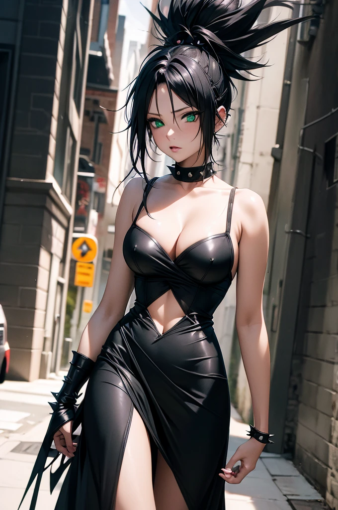 sarada anime + Pamela Anderson with fiery black angelic wings spiky mohawk hair with gel short dress sexy V cuts neckline walking down a street the dark gloomy night low lighting scared style photo realism, fully detailed drawing in black and black and only the green eyes