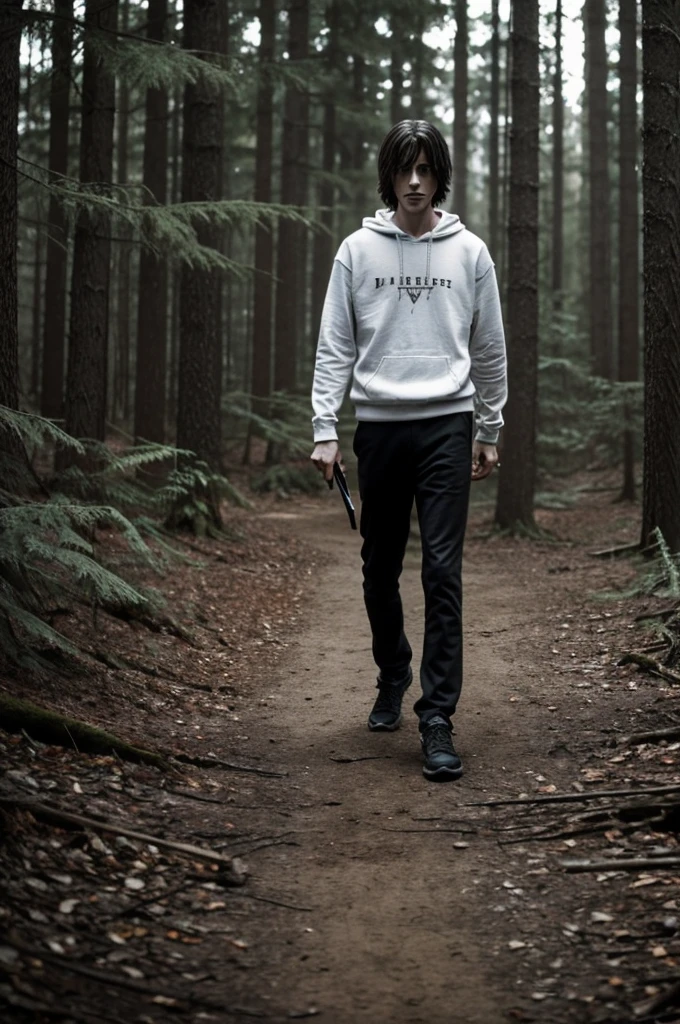 Create a Jeff The Killer scene in the Disney Pixar style but in 3D, him walking in the forest with his white sweatshirt and black pants and with a black knife. a general plan.