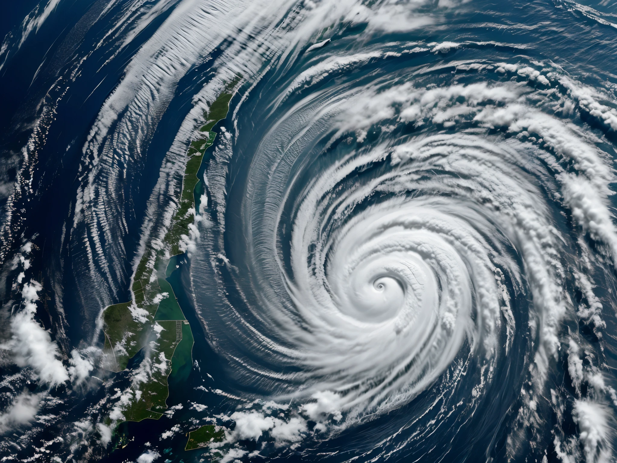Image of a hurricane with the body of a super strong man walking over Haiti and Jamaica