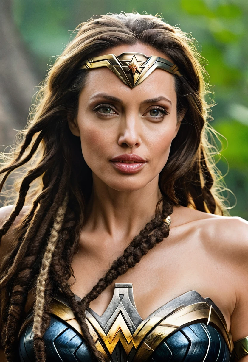 (((Very close up))),(((Angelina Jolie))),(((under the mantle of the Amazon warrior Wonder Woman))),(((dreadlocks))),(((Splash color images))),(((Diaema Wonder Woman))),(((Front Images)))