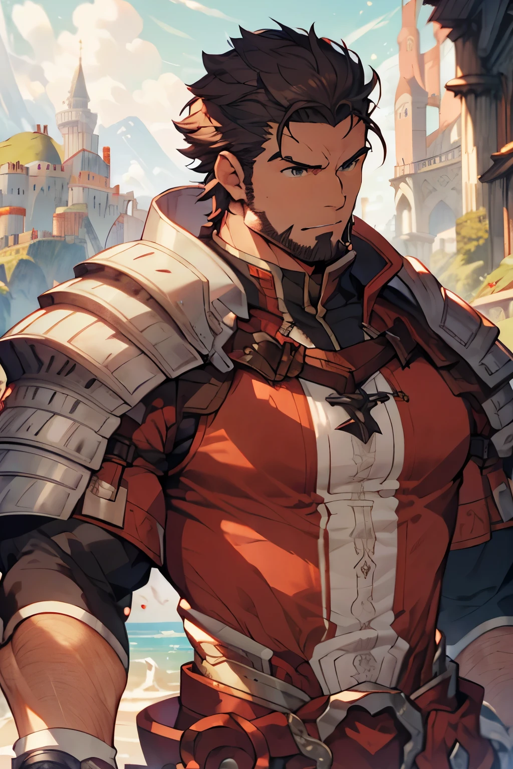 Large medieval kingdom in the background, old mature muscular male, black hair, very short hair, undercut hairstyle, undercut hair, undercut, ((black beard))), ((((stubble:1.0))), goatee, green eyes, bright eyes, 48 years old, bara, muscular male, tall, large shoulders, large chest, huge arms, (large waist:1.0), athlete, bare biceps, Abs, chest, medieval armor, light armor, black armor, Mystical armor, Golden details on the armor, red details on the armor, elsword style armor, granblue fantasy style armor, red cloak, cloak over the shoulders, ((arms exposed:1.0)), Neutral face, cowboy shot, high resolution:1.2, best quality, master part, daylight, Reflection of lens, upper body shot, looking front