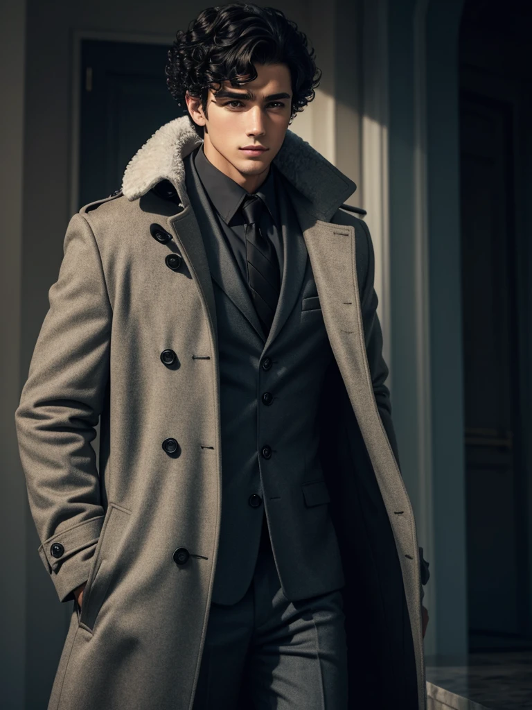 A handsome boy in a coat with black curly hair.