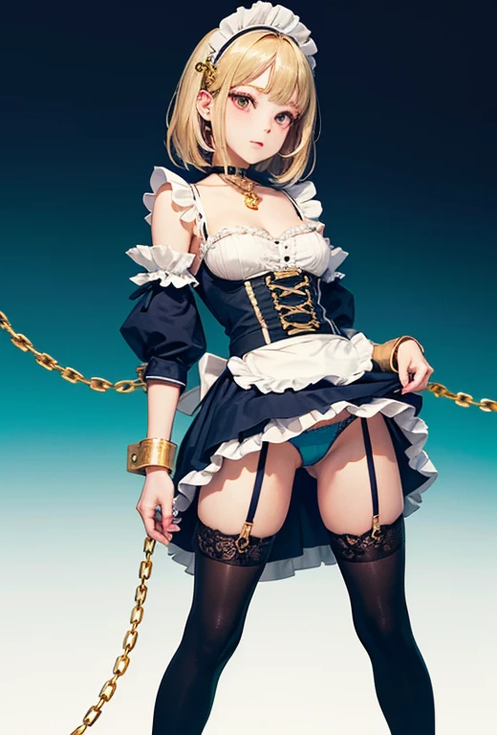 (Photorealistic:1.8, Highest quality:1.8,8K masterpiece:1.8、Super detailed、Ultra-high resolution、Detailed Background)、((Flat Color))、((colorful))、Multicolored lighting、((浮かぶcolorfulな水))、Blue background、
A woman in a maid outfit is tied up、Random Pause、(Golden chains on body、Golden chain collar、handcuffs)、Random Sexy Poses、Turn around、Angle from behind、
(Medium Hair、Vermilion, silver and gold hair、hair ornaments、Brown Skin)、(Maid uniform、choker、Long skirt、Knee-high stockings、garter belt、Wedgie Panties)、Beautiful hip line、TWICE's Tzuyu' on pause、Beautiful blue eyes、(A rich expression、smile)