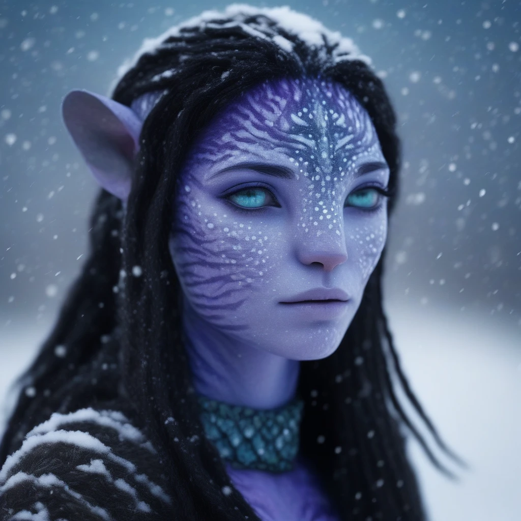 (face portrait), na'vi, female, (purple eyes), ((big detailed alien eyes)), ((eyebrowless)), ((pointy ears)), (light blue skin tone), (wavy hair), dutchbraids, black hair color, ((long hair)), (young adult), 18 years old, face wrinkles, ((wearing inuit winter clothing)), (wearing tribal acessories), detailed eyes, snow leopard spots all over skin, toned body, muscled body, vibrant colors, ethereal atmosphere, surrealistic dreamy lighting, textured skin, otherworldly beauty, mesmerizing photography, (best quality, highres), vivid colors, ultrarealistic, skin details, sfw, face close-up, ultradetailed body, (white skin), dark background, snow mountain background