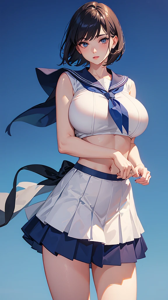 1girl,realistic,short hair,gigantic breast, uniform,sailor suit,skirt,extremely detailed eyes and face,longeyelashes,beautiful detailed lips,masterpiece,cowboy shot,blue background