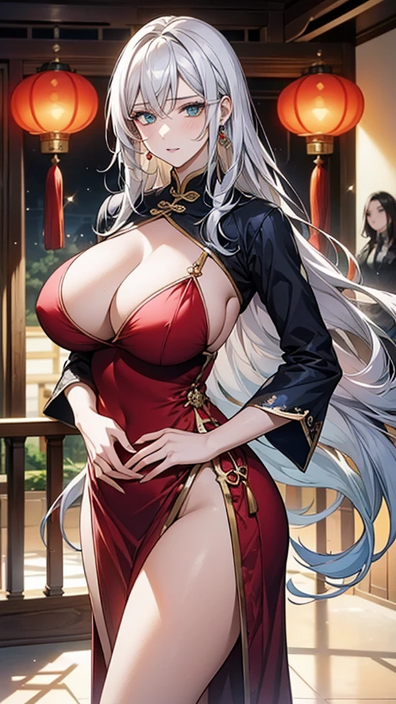 (art: 1.2), (best quality: 1.2) 1 woman, mature ager, 185 cm tall, appeared to be around 35 years old, had long silver-white hair, hair parted in the middle, straight hair and sparkles tied to a green jade hairpin, piercing sapphire blue eyes, extremely detailed eyes, perfect eyes, extremely realistic eyes, well-aligned eyes, long eyelashes, anime style, extremely beautiful face, face that respects the viewer, delicate and mature face, full lips, mature , fair skin, natural body, SEXY BODY, milf body, with one hand holding her waist, perfect hands, detailed hands, hands well proportioned to the body, realistic hands, arms at the side, arms with good anatomy, she wore a ruby arm dress with a Chinese style long skirt decorated in sapphire blue that still couldn't hide her extremely large and huge breasts that were hanging down due to her size, she was fully covered by paia, thick thighs fully covered, wide hips, looking at the viewer with a reserved facial expression is intelligent, background scene, in an oriental-style Chinese pavilion, posing alone, looking at the viewer, standing