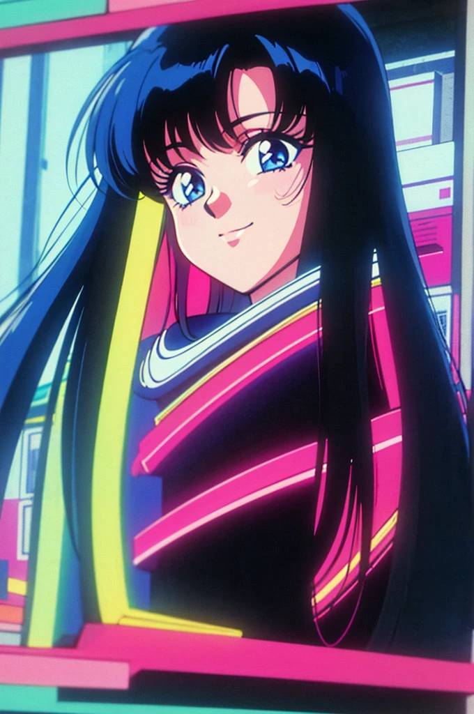 1990s (style), 1980s (style), anime girl on TV, smiling, long black hair, vaporwave aesthetic, neon lights, blue cybercore,