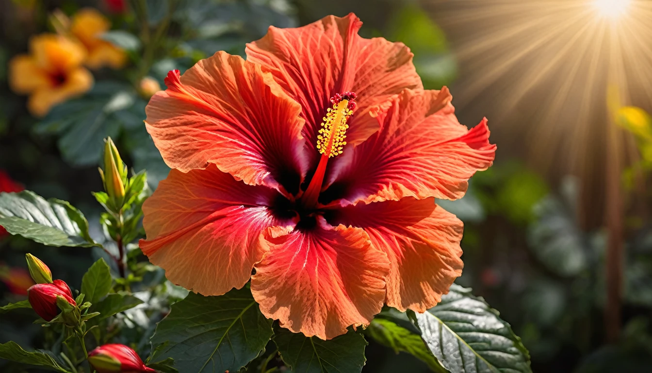  photograph of a stunning papa flower, also known as a Hibiscus. The vibrant red petals are in full bloom, with a golden center that radiates warmth. The background is blurred, allowing the viewer to focus on the intricate details and beauty of the flower. This image captures the essence of nature's beauty in its simplest form, realistic, 8k, highly detailed