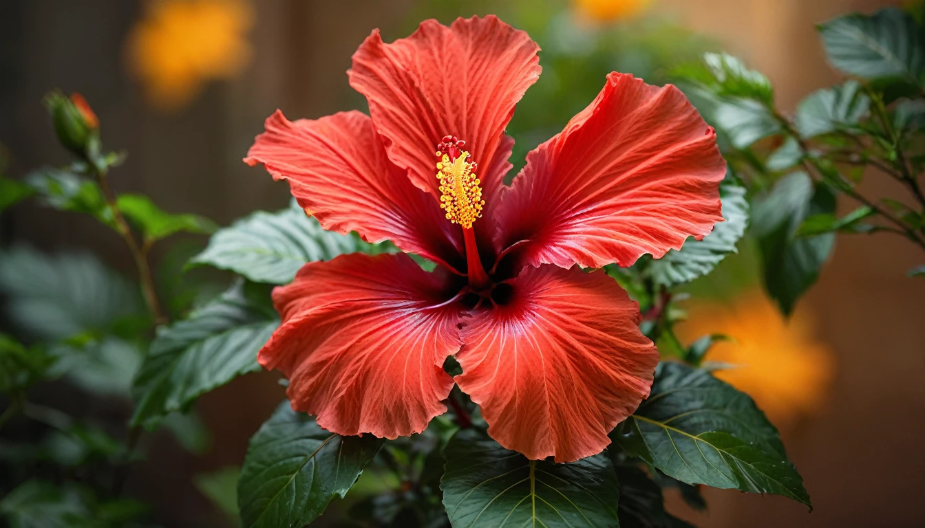  photograph of a stunning papa flower, also known as a Hibiscus. The vibrant red petals are in full bloom, with a golden center that radiates warmth. The background is blurred, allowing the viewer to focus on the intricate details and beauty of the flower. This image captures the essence of nature's beauty in its simplest form, realistic, 8k, highly detailed