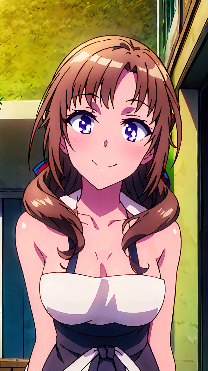 masterpiece, (best quality), 8k uhd, girl, (mamako oosuki), (naked),brown hair, long hair, (hair down), purple eyes, mature female, white shirt, pants, sweater, big breasts, ribbon, sexy woman, smile, (suspender naked apron), apron only,embarrassed, blush,  bare shoulders, vibrant colors , natural lighting, beautiful, (detailed face:1.2), showcase, (perfect eyes:1.1) , (photorealistic:1.1),  looking at viewer, outdoors