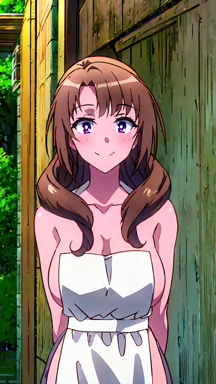 masterpiece, (best quality), 8k uhd, girl, (mamako oosuki), (naked),brown hair, long hair, (hair down), purple eyes, mature female, white shirt, pants, sweater, big breasts, ribbon, sexy woman, smile, (suspender naked apron), apron only,embarrassed, blush,  bare shoulders, vibrant colors , natural lighting, beautiful, (detailed face:1.2), showcase, (perfect eyes:1.1) , (photorealistic:1.1),  looking at viewer, outdoors